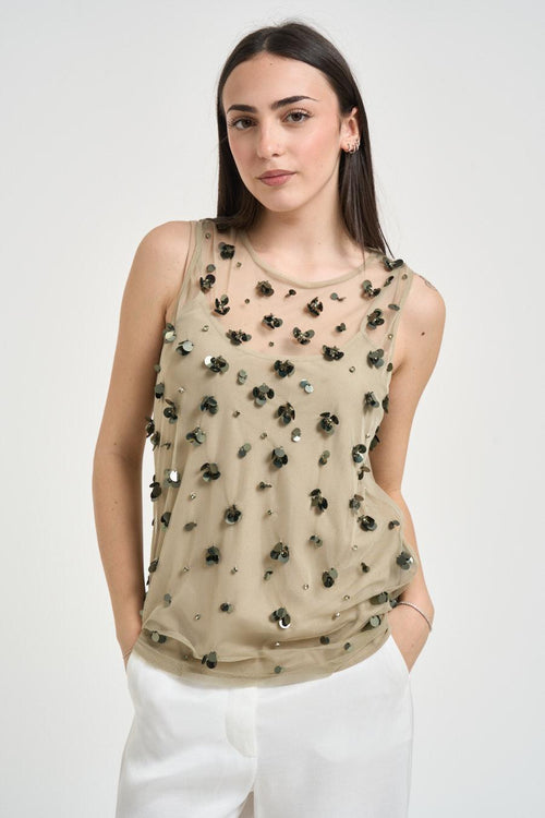 Top donna applicazione con paillettes salvia