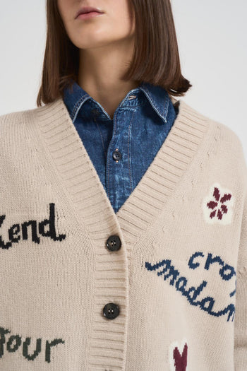 Cardigan donna beige Belgio con scritte ricamate - 4