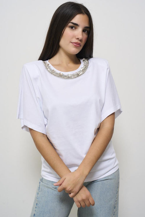 T-shirt donna girocollo con strass bianca