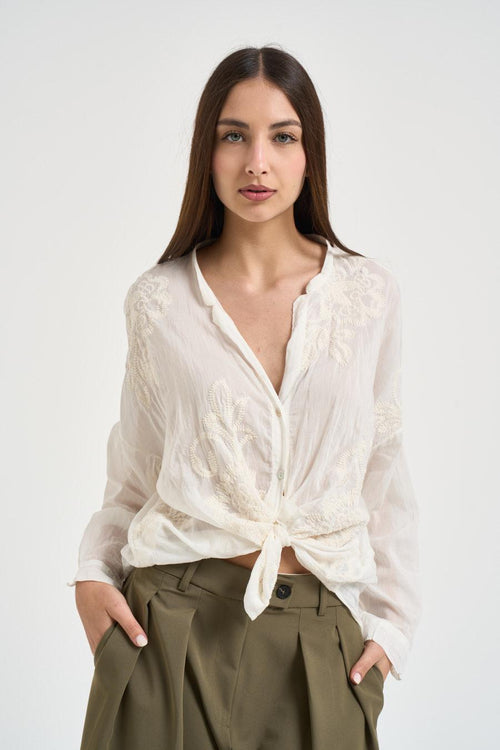 Camicia donna con ricami floreali burro - 1