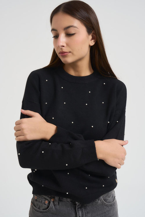 Maglia donna girocollo con strass nera - 2