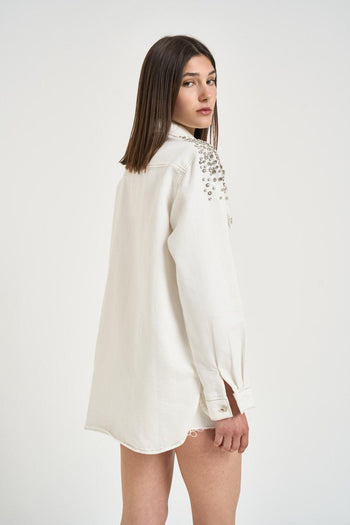 Camicia donna in denim bianca con strass - 6