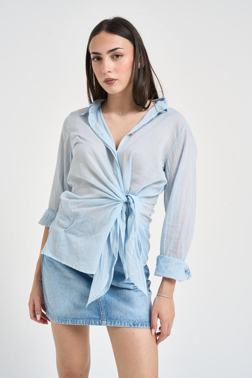 Camicia donna in cotone con fiocco celeste - 2