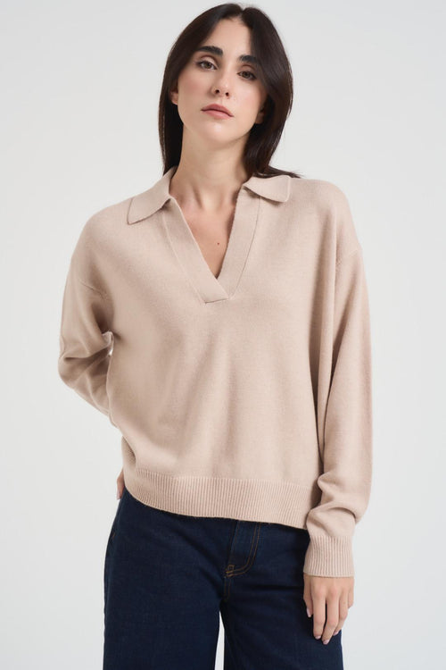 Maglione donna con colletto polo beige - 2