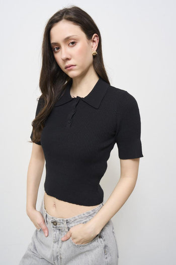 Women's black knitted polo shirt - 3