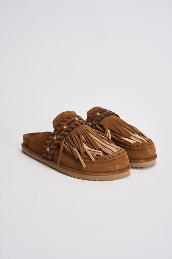 Sabot donna con frange in suede marrone - 3
