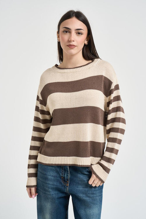 Maglia donna a righe ecru e marrone - 1