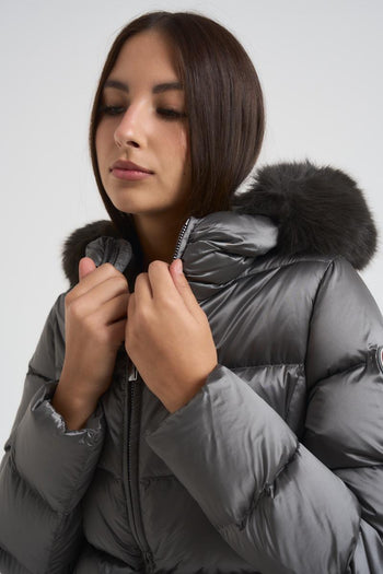 Piumino donna trapuntato con bordo in vera pelliccia grigio - 4