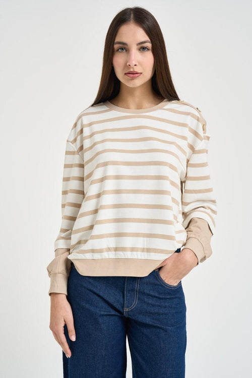 Felpa donna girocollo a righe beige