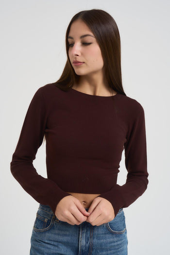 Maglia donna girocollo cropped marrone - 3
