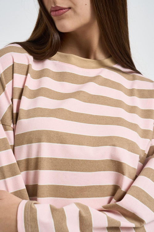 Maglia donna girocollo a righe beige e rosa - 2