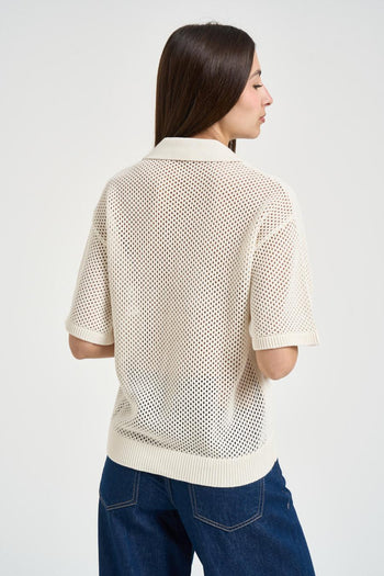 T-shirt donna con dettagli traforati panna - 3