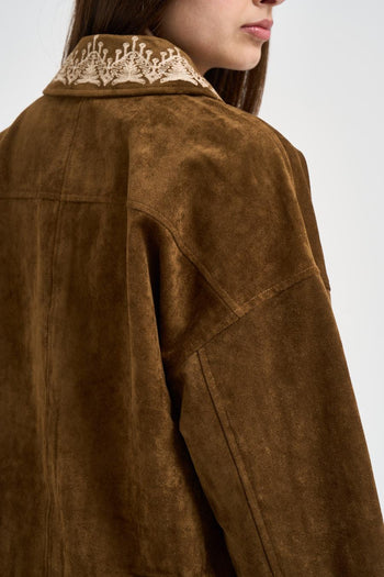 Giacca donna in suede marrone con ricami - 5