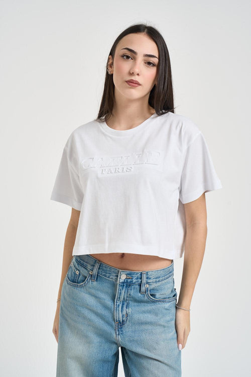 T-shirt donna cropped girocollo bianco - 2