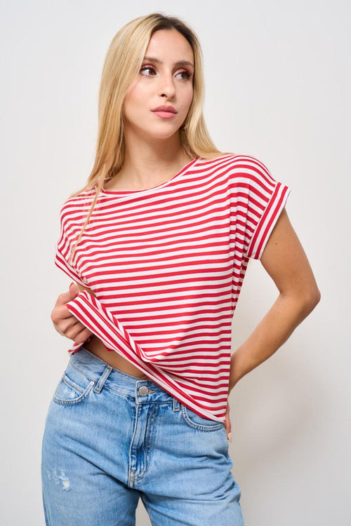 T-shirt donna girocollo a righe rossa