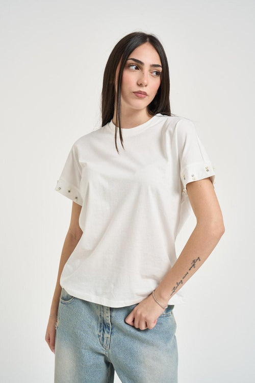 T-shirt donna girocollo bianca con strass e perle