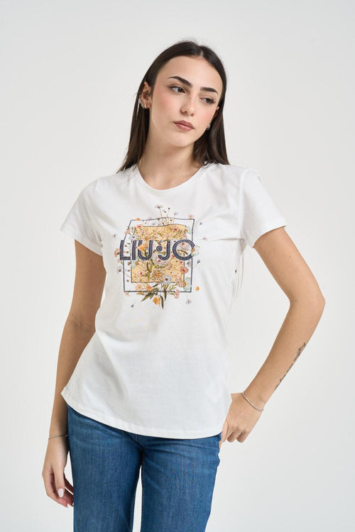 T-shirt donna girocollo con strass bianca