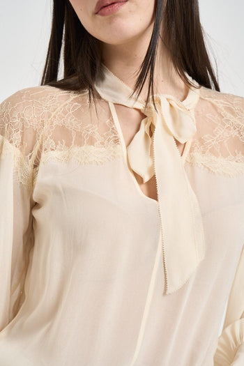 Camicia donna con inserti in pizzo panna<BR/> - 3