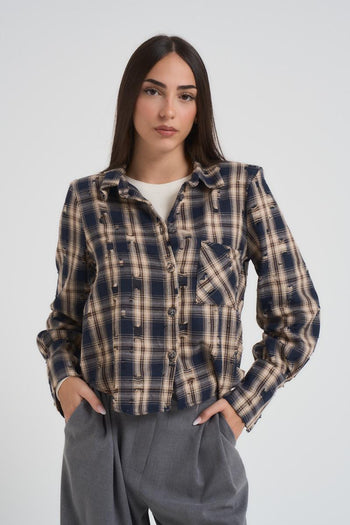 Camicia donna tartan beige e blu - 3