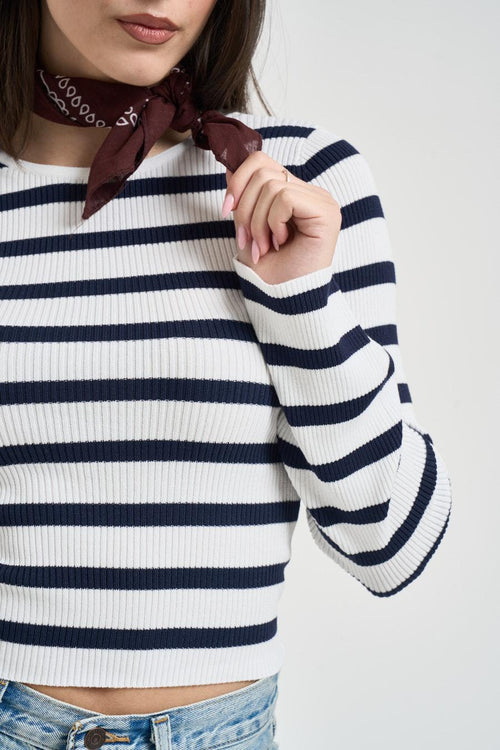 Maglia donna a costine bianca e blu - 2