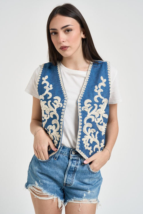 Gilet donna in cotone blu con ricami - 2