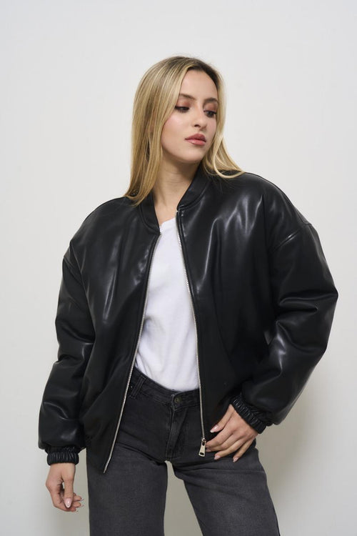 Women's black faux leather bomber jacket