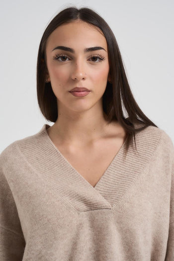 Maglia over donna scollo a V beige - 3
