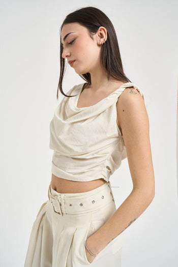 Top donna drappeggiato cropped panna - 3