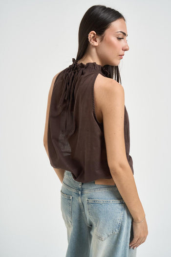 Blusa donna collo arricciato marrone - 4