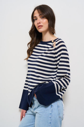 Maglia donna a righe blu e bianca - 5