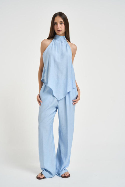 Blusa donna con fiocco sul retro celeste - 1
