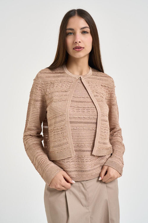 Cardigan donna in maglia traforata rosa cipria