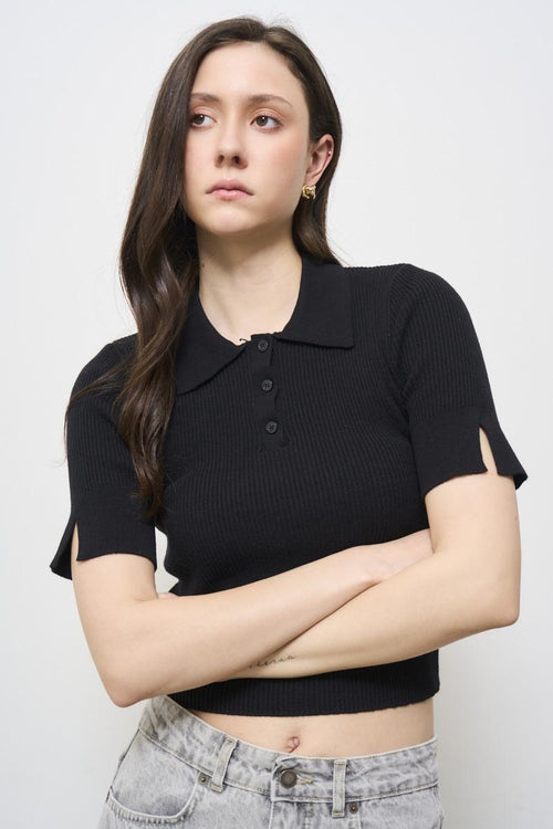 Women's black knitted polo shirt - 2