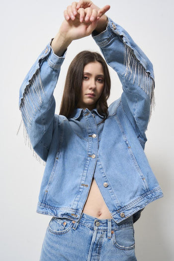 Women's denim jacket with rhinestone fringes - 4