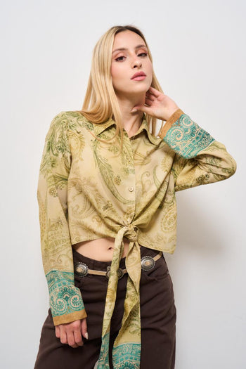 Camicia donna cropped fantasia damascata verde - 3