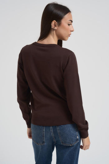 Maglia donna girocollo marrone con strass - 3
