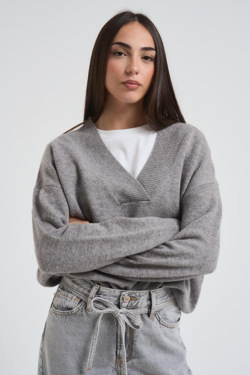 Maglia over donna scollo a V grigia - 1