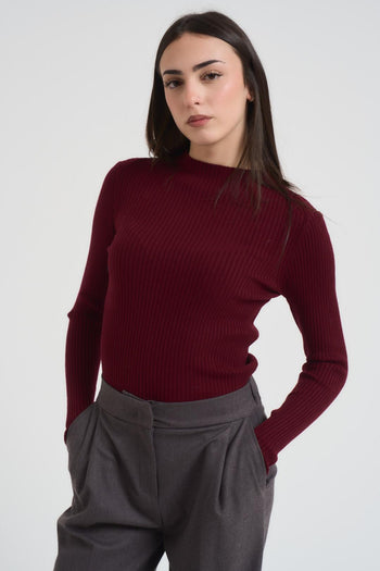 Maglia donna girocollo a costine bordeaux - 3