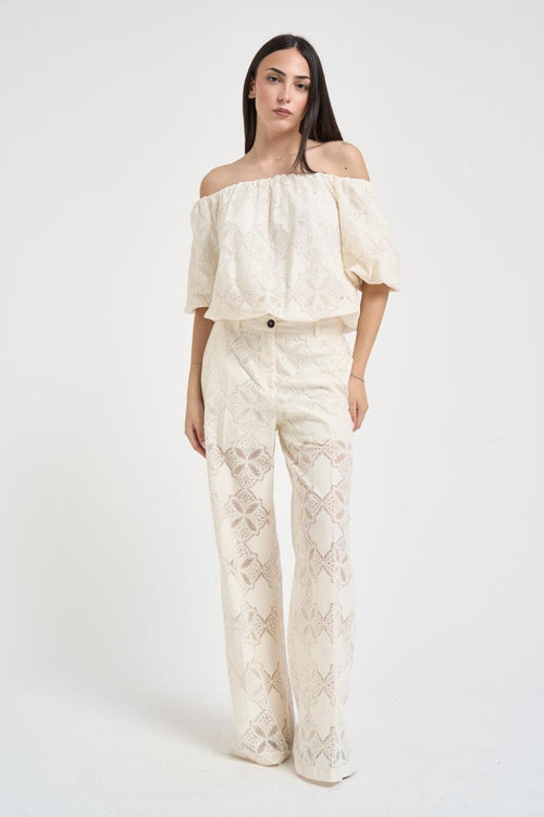 Set coordinato top e pantalone in pizzo panna