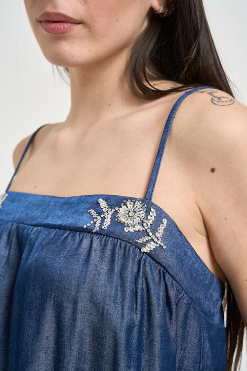 Top donna scollo dritto in denim - 2