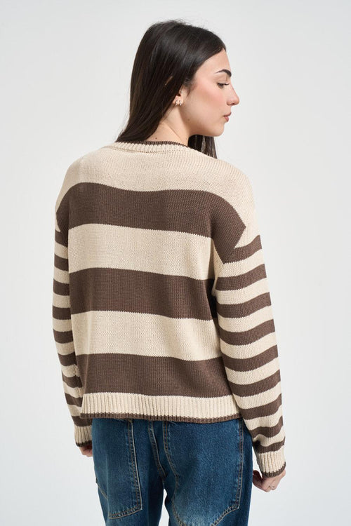 Maglia donna a righe ecru e marrone - 2