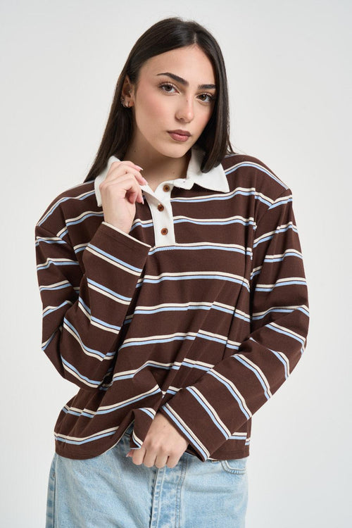 Polo donna a righe marrone e celeste