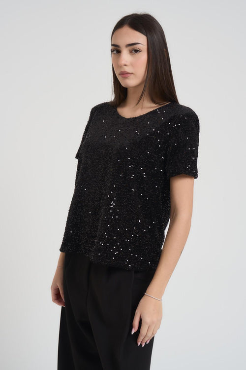 T-shirt donna girocollo con paillettes nera - 2