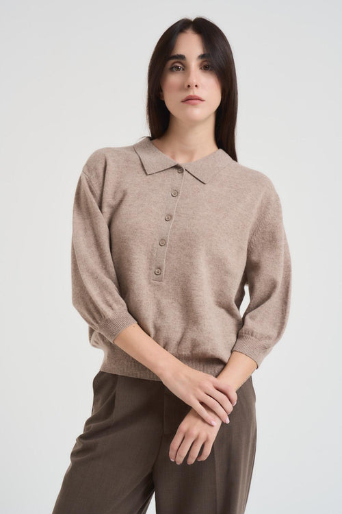 Maglione pullover donna collo polo beige - 2