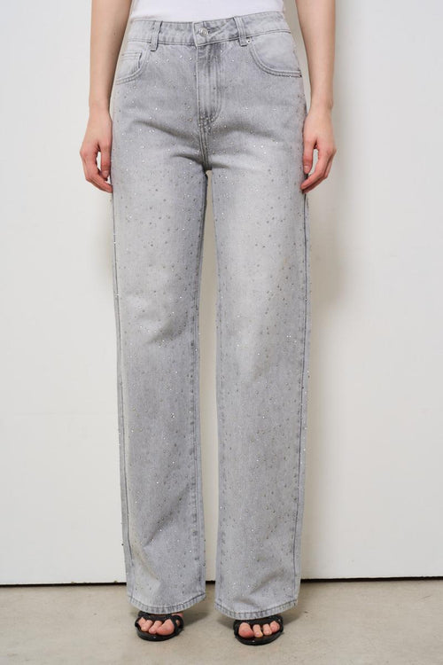 Jeans donna in denim grigio con strass