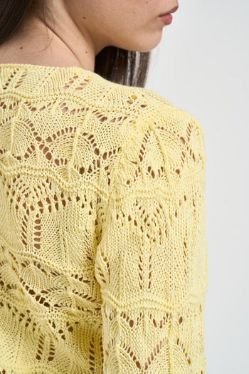 Cardigan donna cropped in maglia traforata giallo - 4