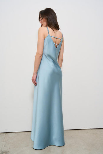 Abito donna lungo satinato celeste - 6