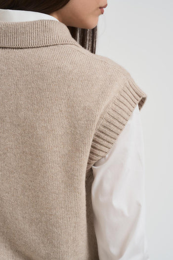 Gilet donna a polo in maglia beige - 4
