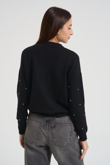 Maglia donna girocollo con strass nera - 3