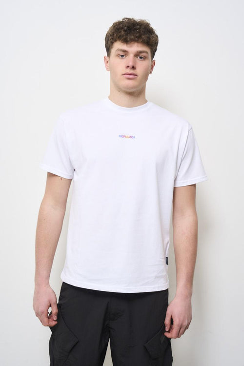 Men's white crew neck T-shirt with brand lettering